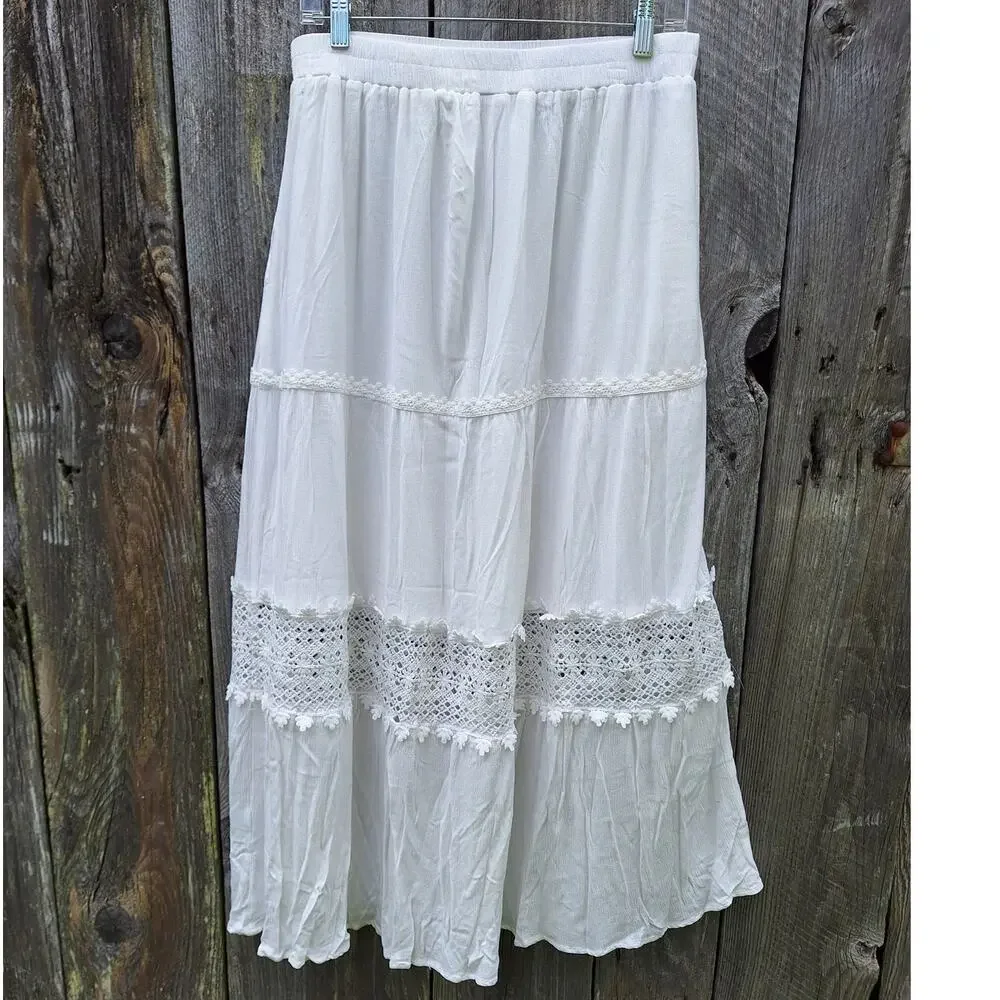 Zesica Boho tiered maxi skirt crochet w pockets long white beachy cottagecore